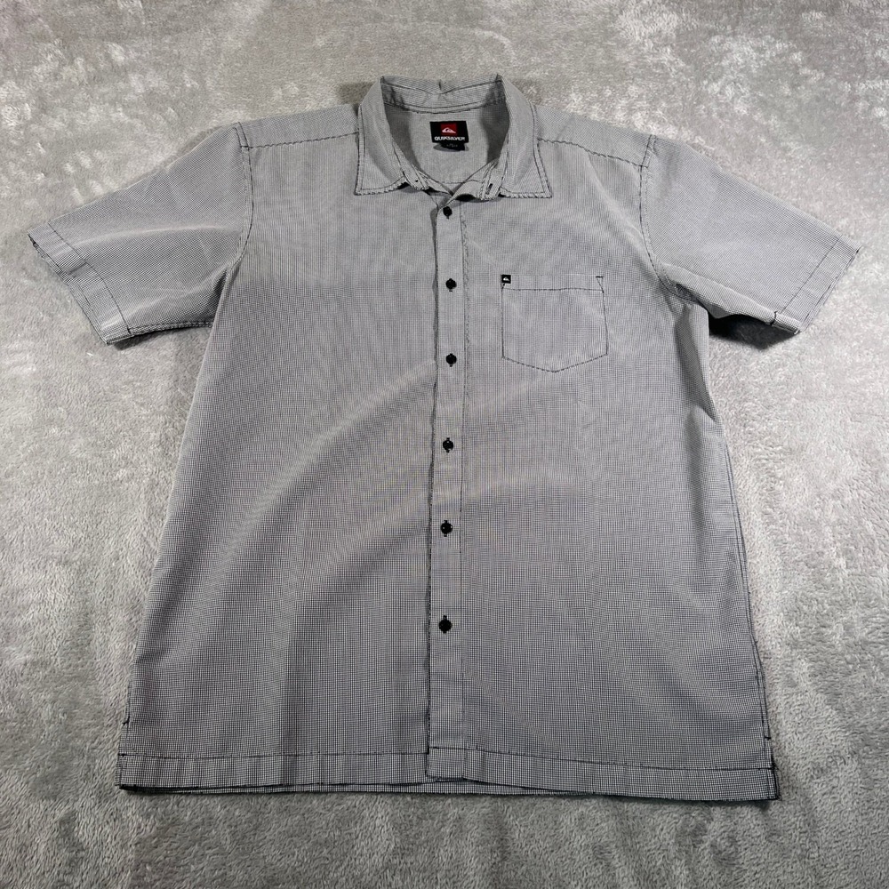 Quiksilver Button Down Shirt Mens Large Gray Checkered Short Sleeve Summer Vtg